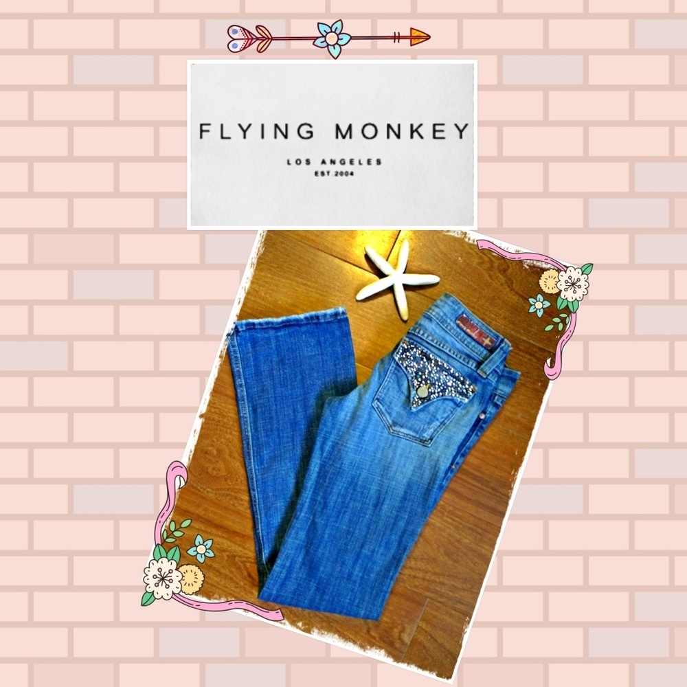 *SOLD*FLYING MONKEY EMBELLISHED FLAP POCKET JEANS - Picture 1 of 7